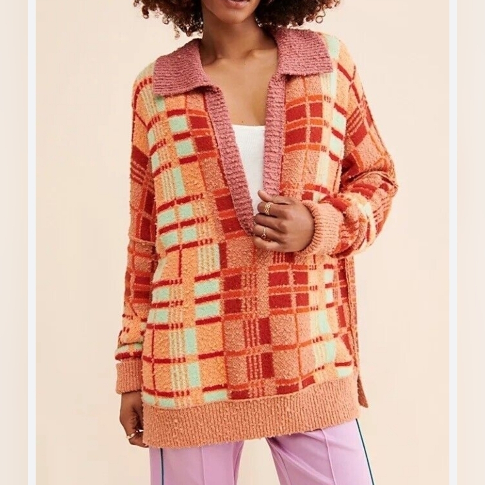 Free People Ruben Sweater Autumn Sunset Combo V-Neck Orange Red Plaid Oversized
